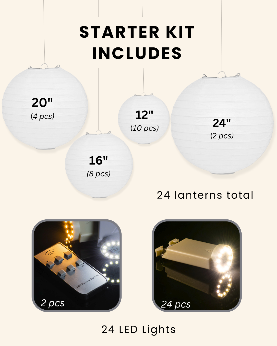 White Wedding &amp; Party Decoration Starter Kit – 24 White Paper Lanterns &amp; LED Lights | Optional Parasols &amp; Hand Fan Bundle