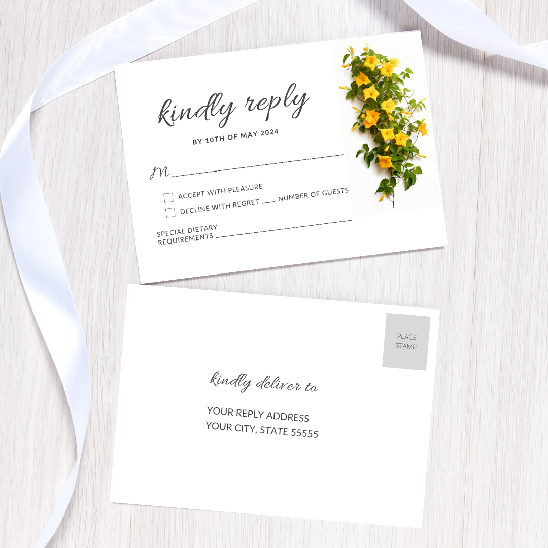 Set of Printable Wedding Invitation Templates, with Yellow Mandevilla Floral Design, Digital Download, Custom DIY Edit and Print (Set Includes Invitation, RSVP and Details Card)