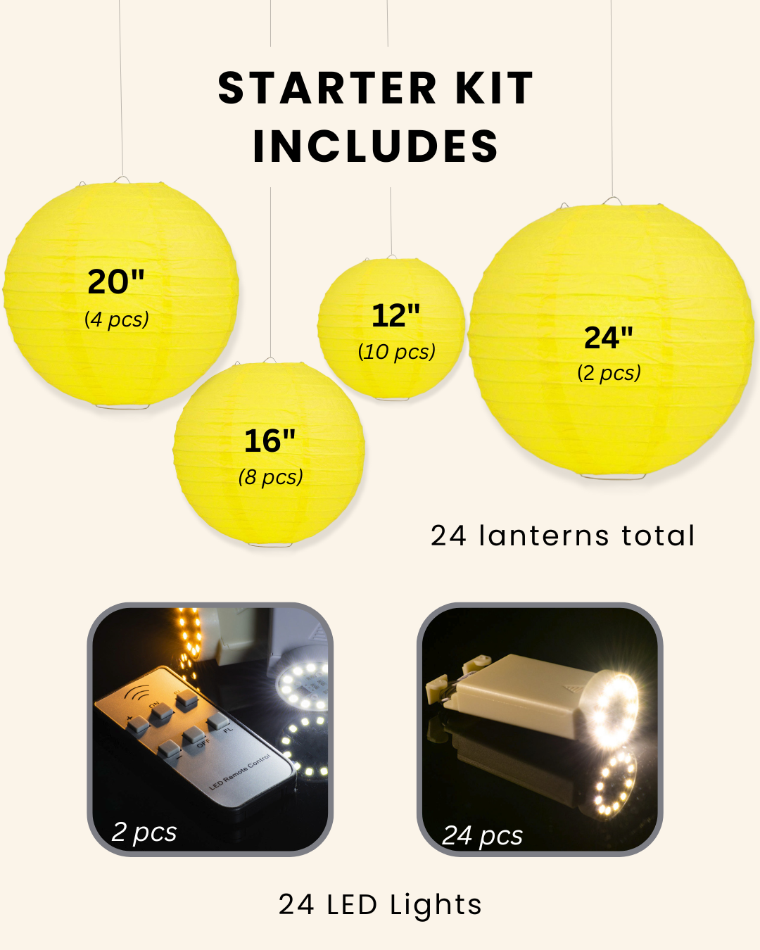 Yellow Wedding &amp; Party Decoration Starter Kit – 24 Yellow Paper Lanterns &amp; LED Lights | Optional Parasols &amp; Hand Fan Bundle