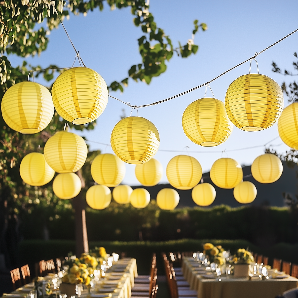 Yellow Wedding &amp; Party Decoration Starter Kit – 24 Yellow Paper Lanterns &amp; LED Lights | Optional Parasols &amp; Hand Fan Bundle