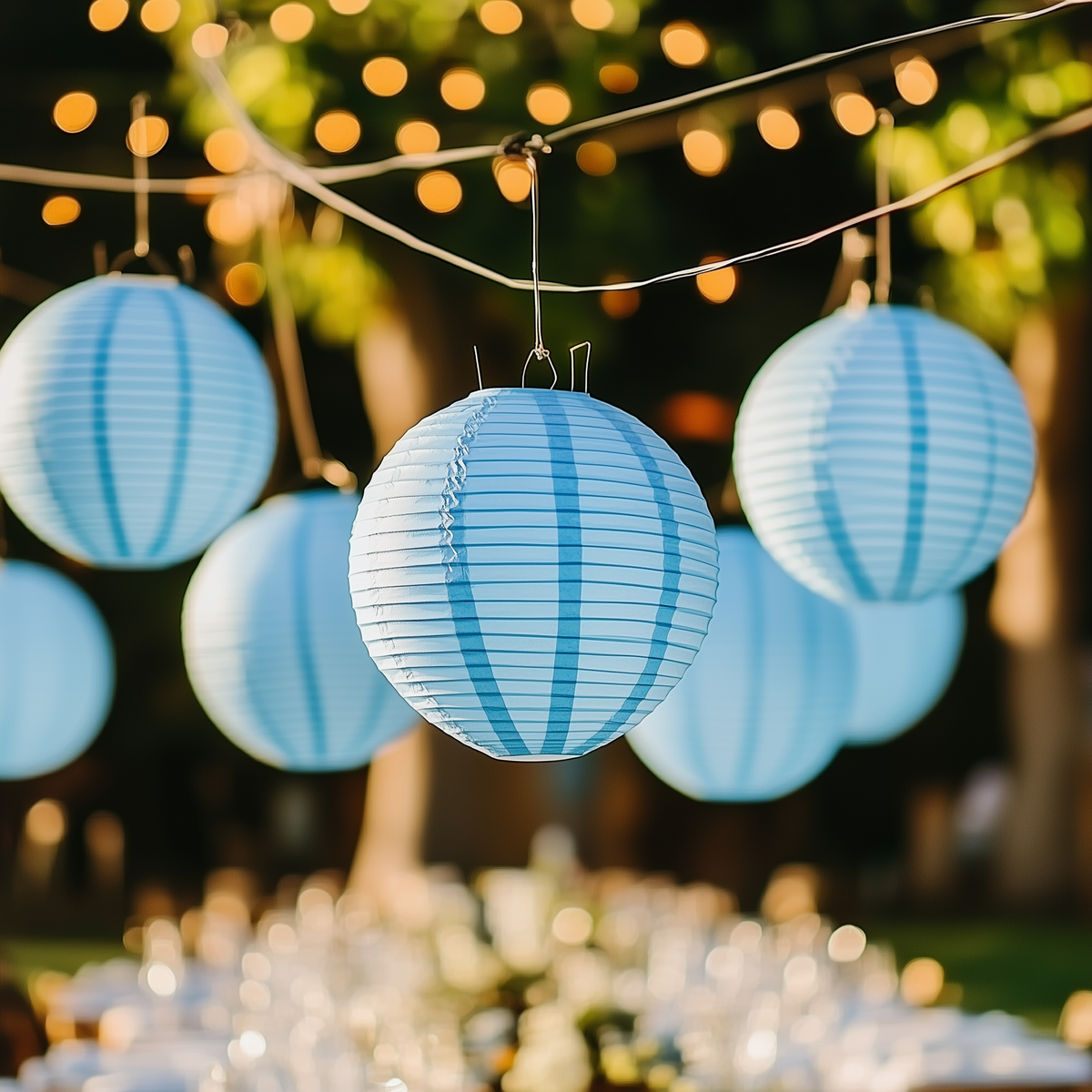 Blue Wedding &amp; Party Decoration Starter Kit – 24 Blue Paper Lanterns &amp; LED Lights | Optional Parasols &amp; Hand Fan Bundle