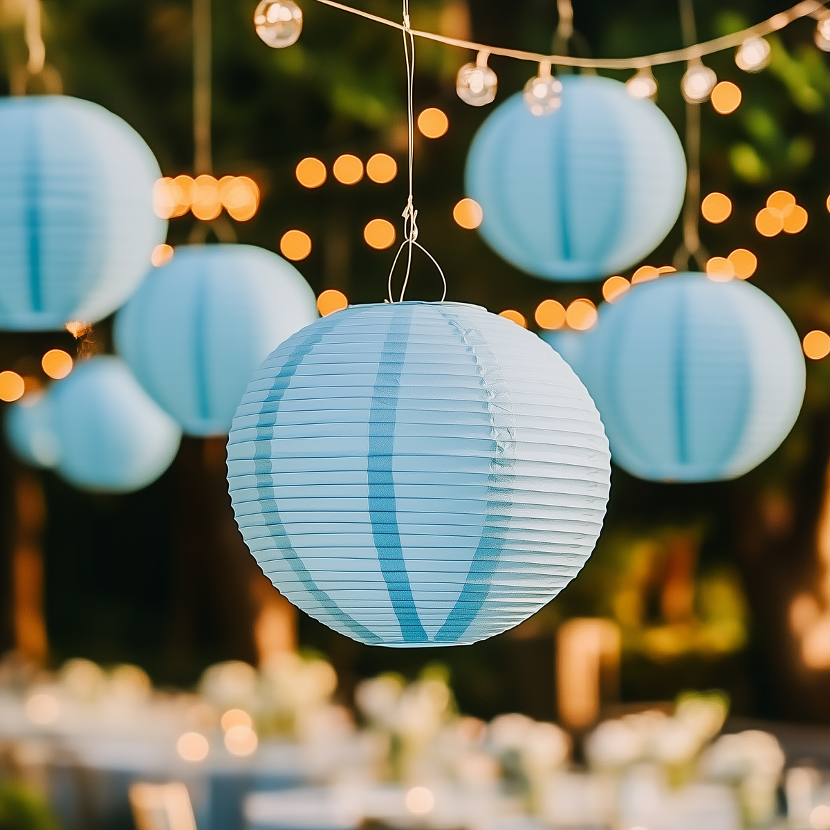 Blue Wedding &amp; Party Decoration Starter Kit – 24 Blue Paper Lanterns &amp; LED Lights | Optional Parasols &amp; Hand Fan Bundle