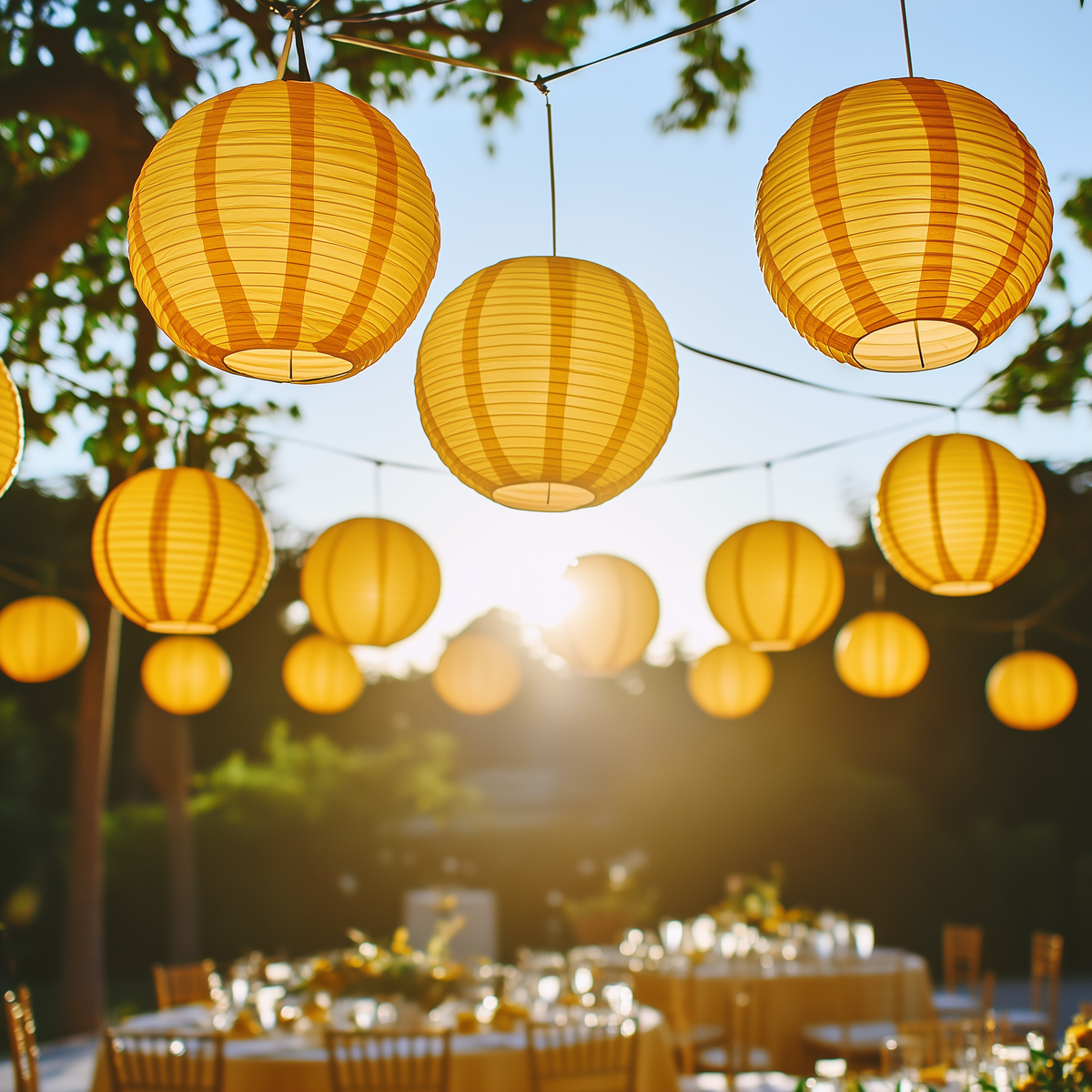 Orange Wedding &amp; Party Decoration Starter Kit – 24 Orange Paper Lanterns &amp; LED Lights | Optional Parasols &amp; Hand Fan Bundle
