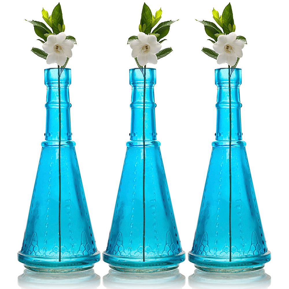 3 Pack | 6.6&quot; Marguerite Turquoise Vintage Glass Bottle with Cork - DIY Wedding Flower Bud Vases