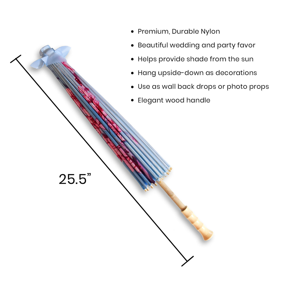 32&quot; Sky Blue Cherry Blossom Nylon Parasol Umbrella with Elegant Handle