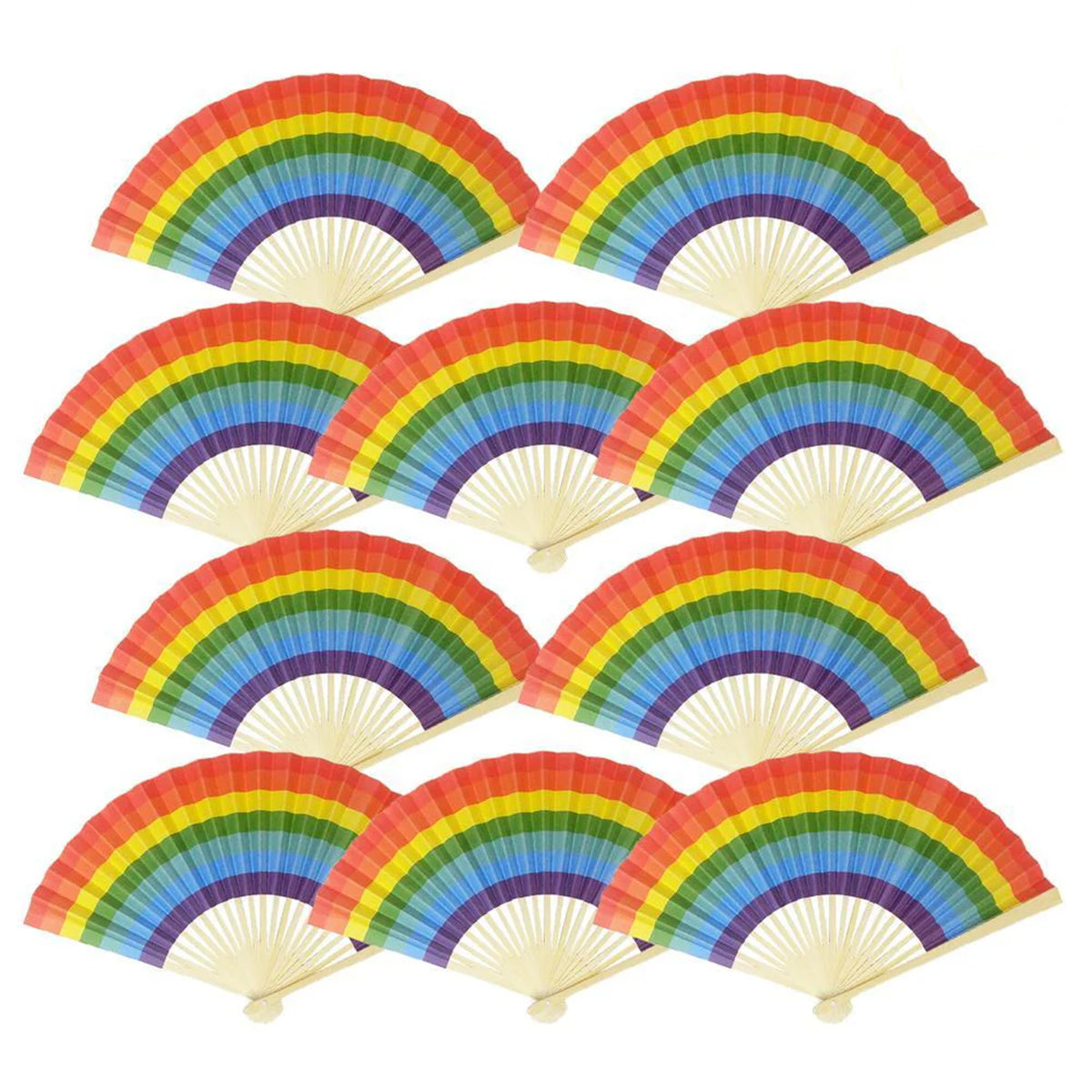 9&quot; Rainbow Multi-Color Paper Hand Fans for Weddings, Parties, Premium Paper Stock (10 PACK)