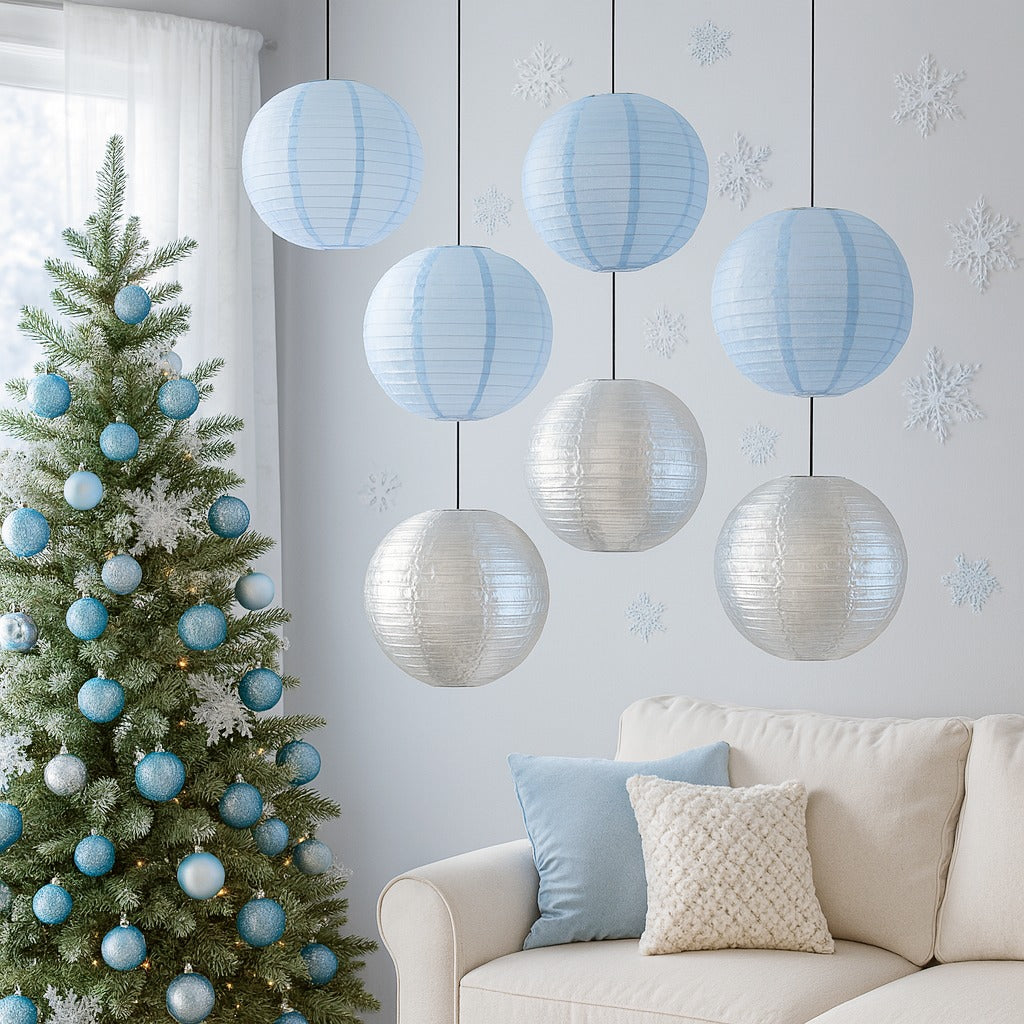 8 PACK | Winter Holiday Nylon Lanterns, Silver Blue Combo Set