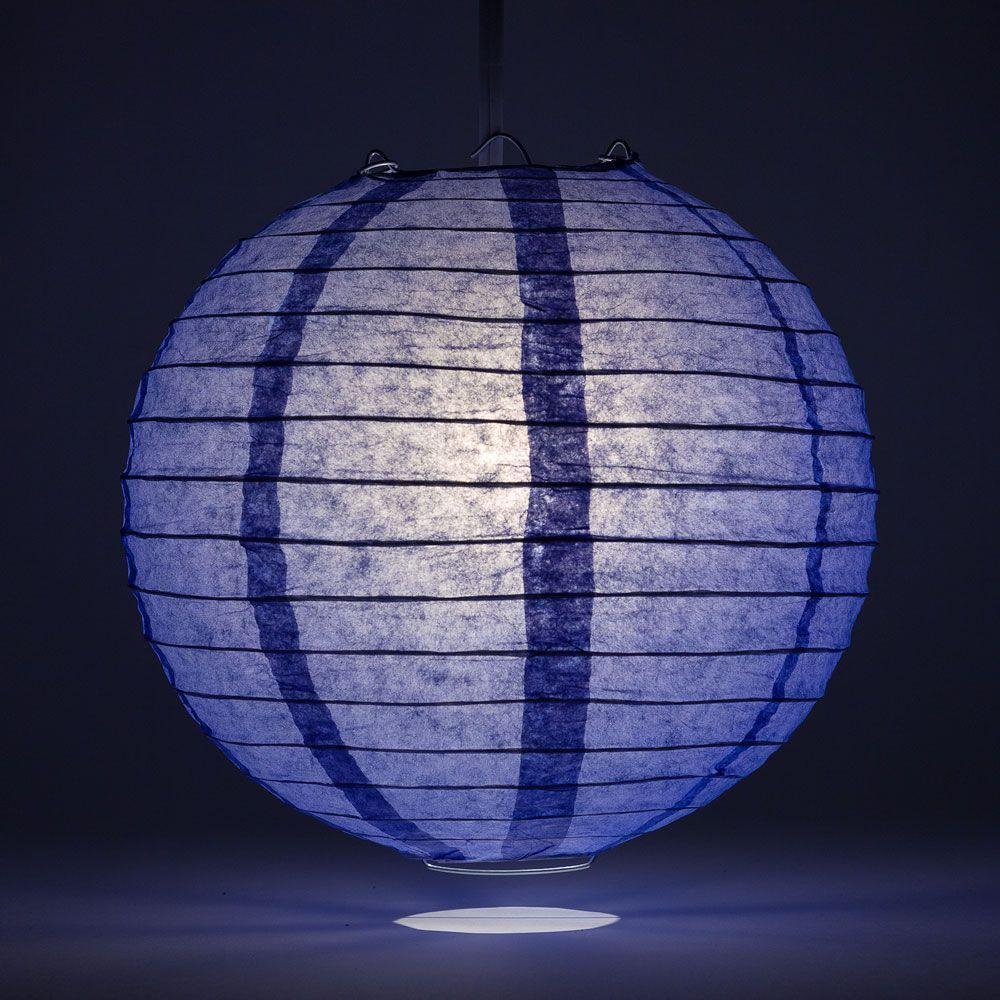 Lit Astra Blue Round Paper Lantern, Even Ribbing, Chinese Hanging Wedding &amp; Party Decoration