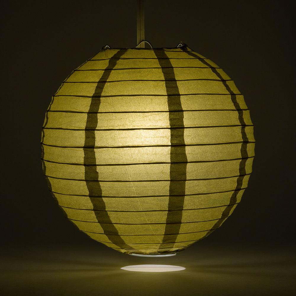 Lit Gold Round Paper Lantern, Even Ribbing, Chinese Hanging Wedding &amp; Party Decoration