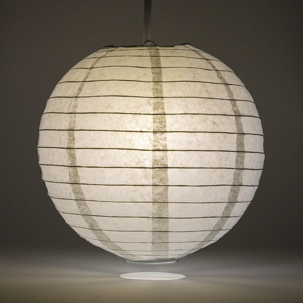Lit Dove Gray Round Paper Lantern, Even Ribbing, Chinese Hanging Wedding &amp; Party Decoration