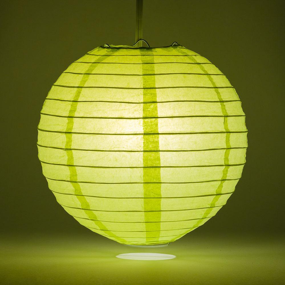 Lit Light Lime Green Round Paper Lantern, Even Ribbing, Chinese Hanging Wedding &amp; Party Decoration