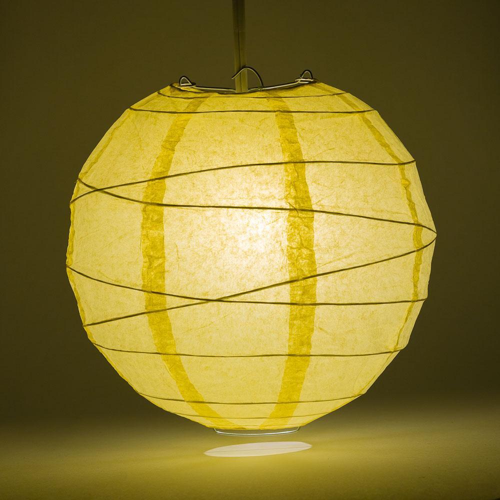 Lit Lemon Yellow Chiffon Round Paper Lantern, Crisscross Ribbing, Hanging Decoration