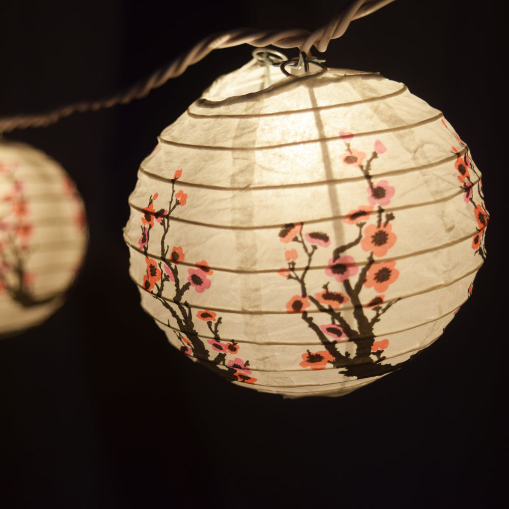 10 Socket Cherry Blossom / Sakura Round Paper Lantern Party String Lights (4&quot; Lanterns, Expandable) - PaperLanternStore.com - Paper Lanterns, Decor, Party Lights &amp; More