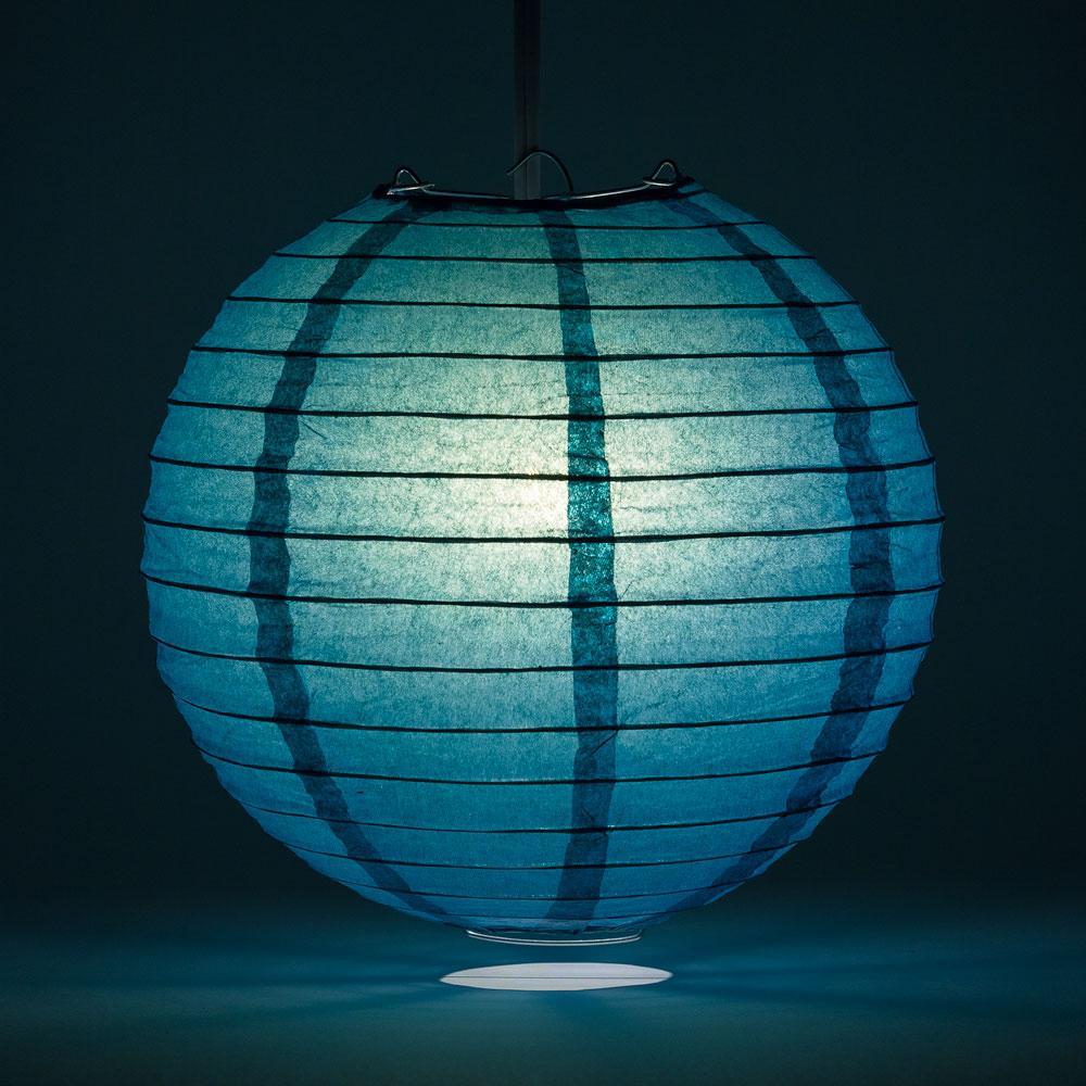 Lit Tahiti Teal Round Paper Lantern, Even Ribbing, Chinese Hanging Wedding &amp; Party Decoration