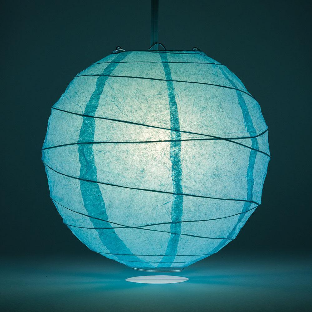 Lit Water Blue Round Paper Lantern, Crisscross Ribbing, Chinese Hanging Wedding &amp; Party Decoration