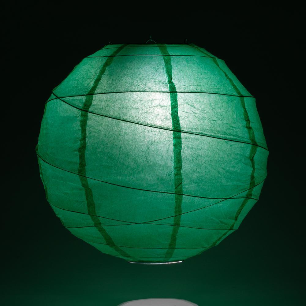 Lit Arcadia Teal Green Round Paper Lantern, Crisscross Ribbing, Hanging Decoration