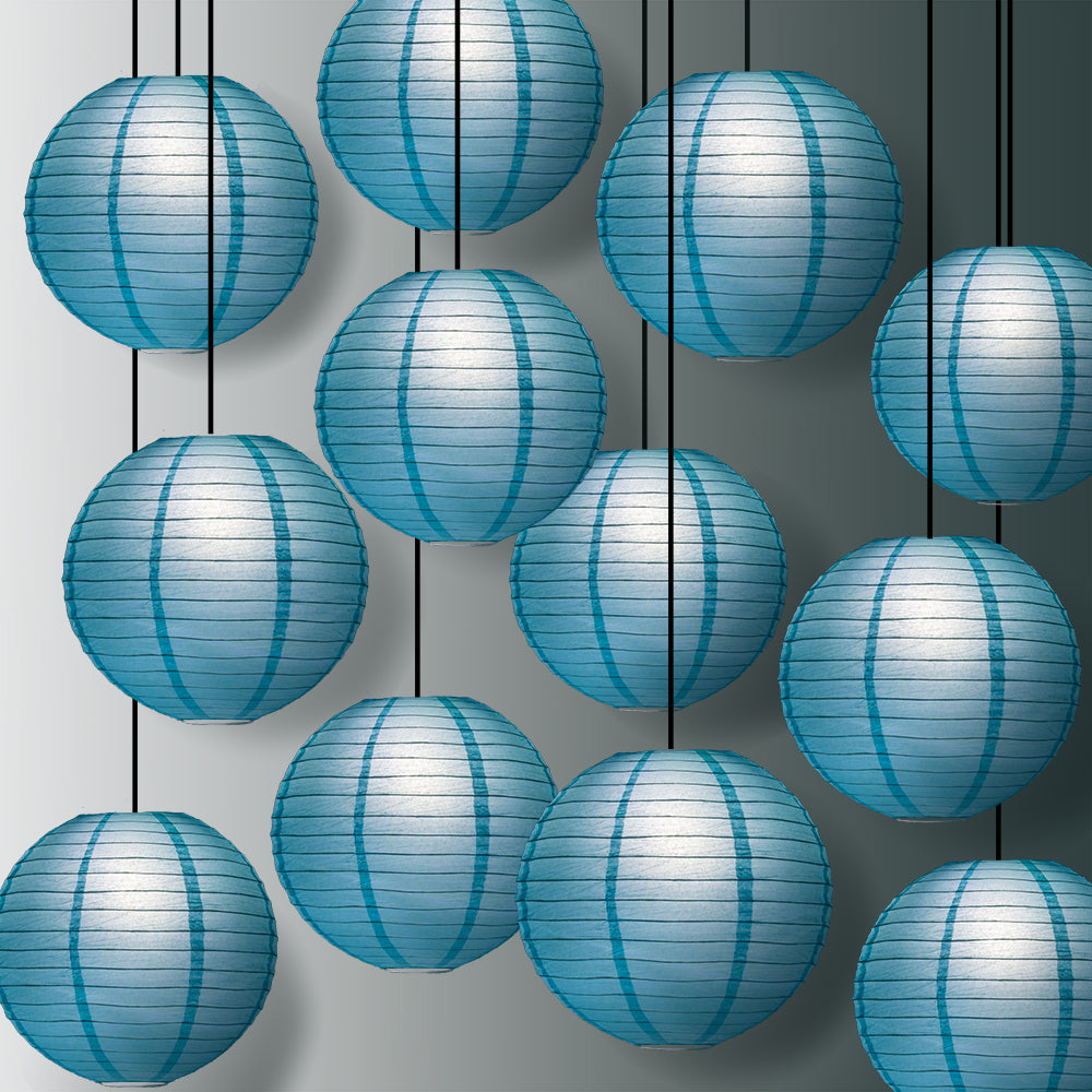 12 PACK | 12&quot; Baby Blue Even Ribbing Round Paper Lantern, Hanging Combo Set - PaperLanternStore.com - Paper Lanterns, Decor, Party Lights &amp; More