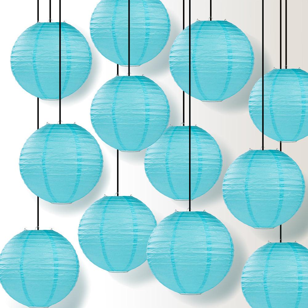 12 PACK | 12&quot; Baby Blue Even Ribbing Round Paper Lantern, Hanging Combo Set - PaperLanternStore.com - Paper Lanterns, Decor, Party Lights &amp; More