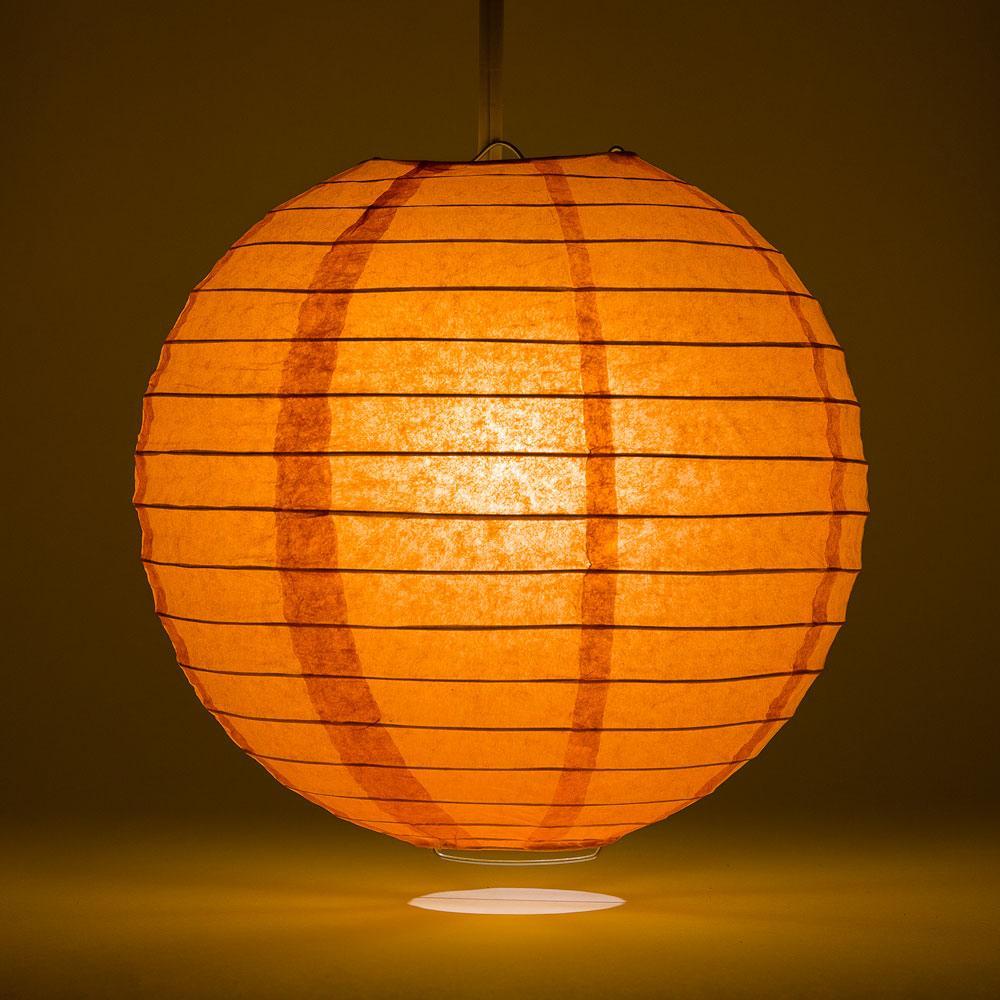Lit Persimmon Orange Round Paper Lantern, Even Ribbing, Chinese Hanging Wedding &amp; Party Decoration