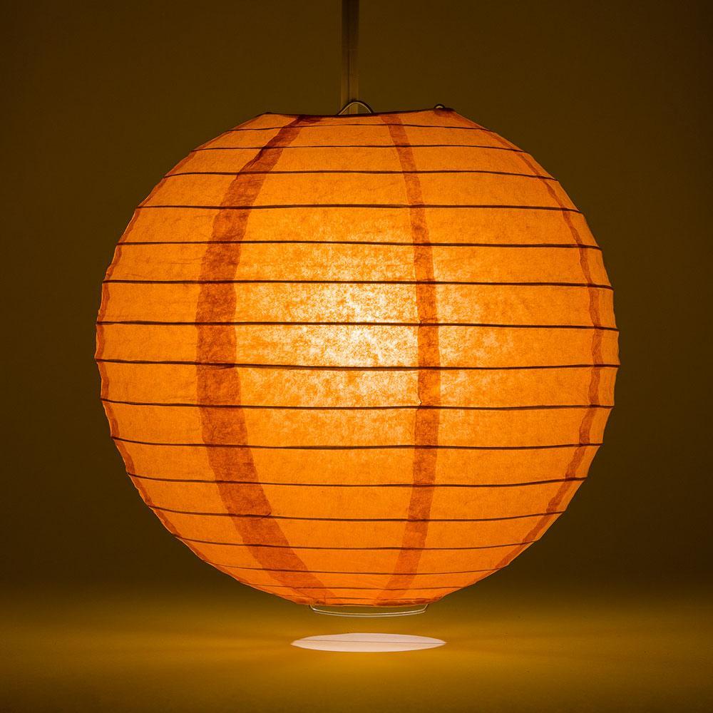 Lit Persimmon Orange Round Paper Lantern, Even Ribbing, Chinese Hanging Wedding &amp; Party Decoration