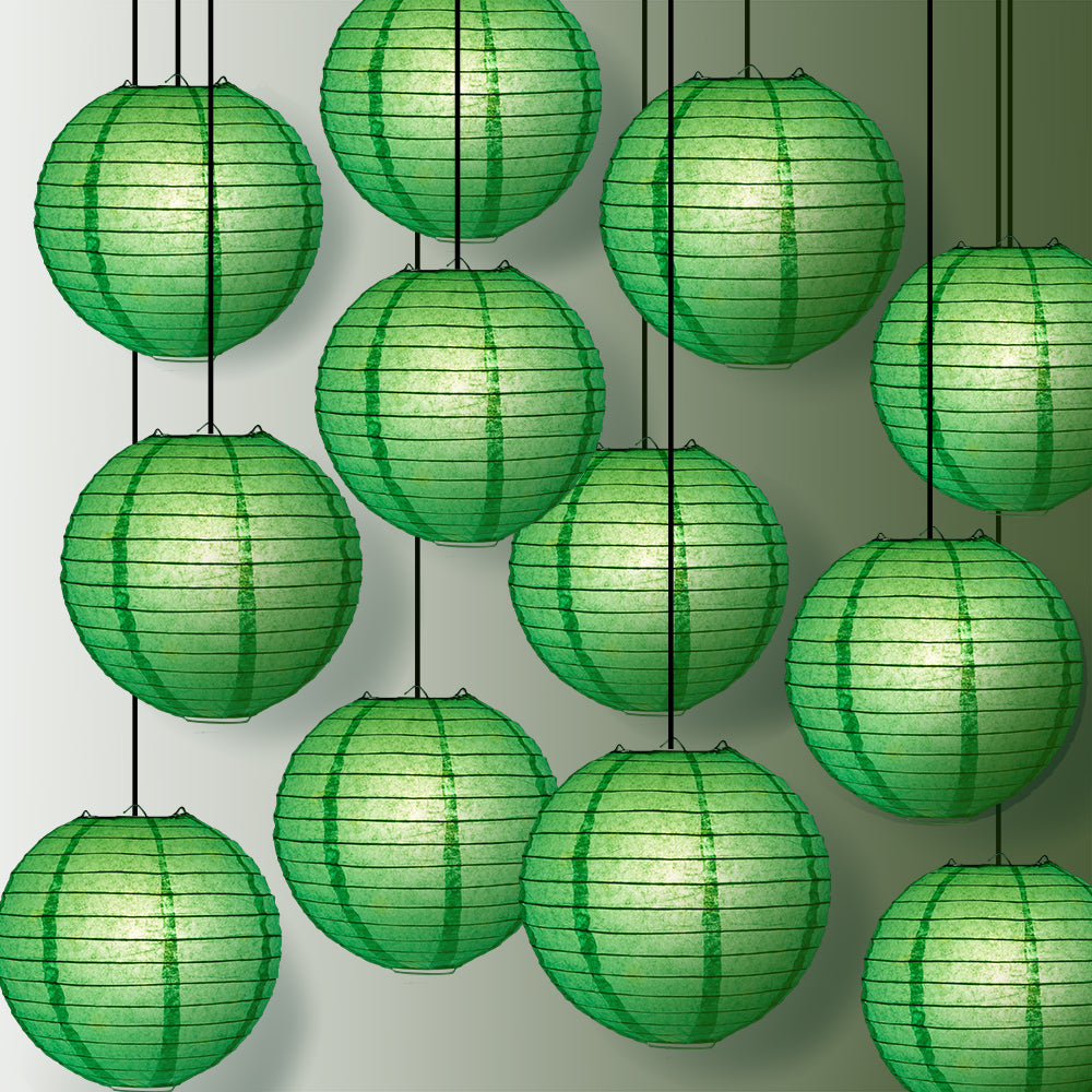 12 PACK | 12&quot; Emerald Green Even Ribbing Round Paper Lantern, Hanging Combo Set - PaperLanternStore.com - Paper Lanterns, Decor, Party Lights &amp; More
