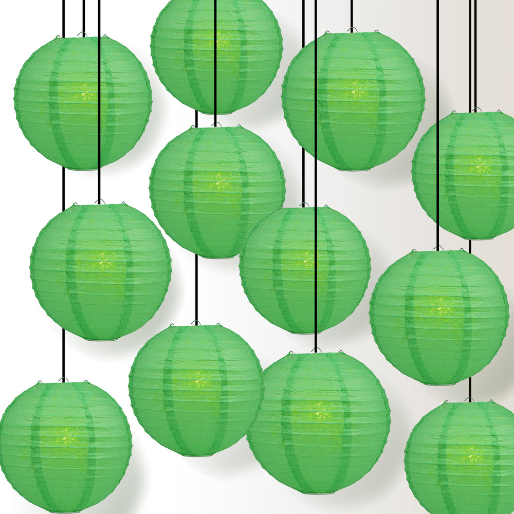 12 PACK | 12&quot; Emerald Green Even Ribbing Round Paper Lantern, Hanging Combo Set - PaperLanternStore.com - Paper Lanterns, Decor, Party Lights &amp; More