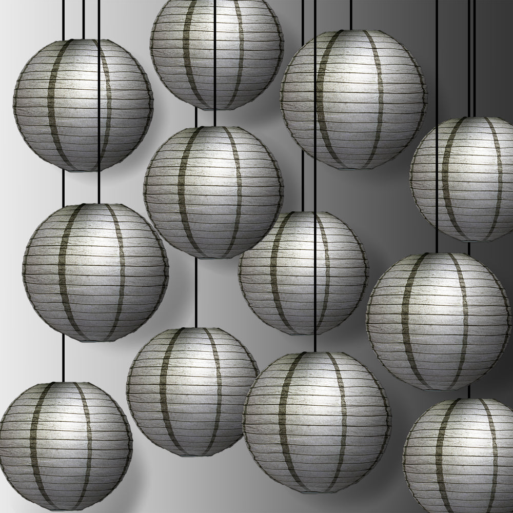 12 PACK | 12&quot; Driftwood Grey Even Ribbing Round Paper Lantern, Hanging Combo Set - PaperLanternStore.com - Paper Lanterns, Decor, Party Lights &amp; More