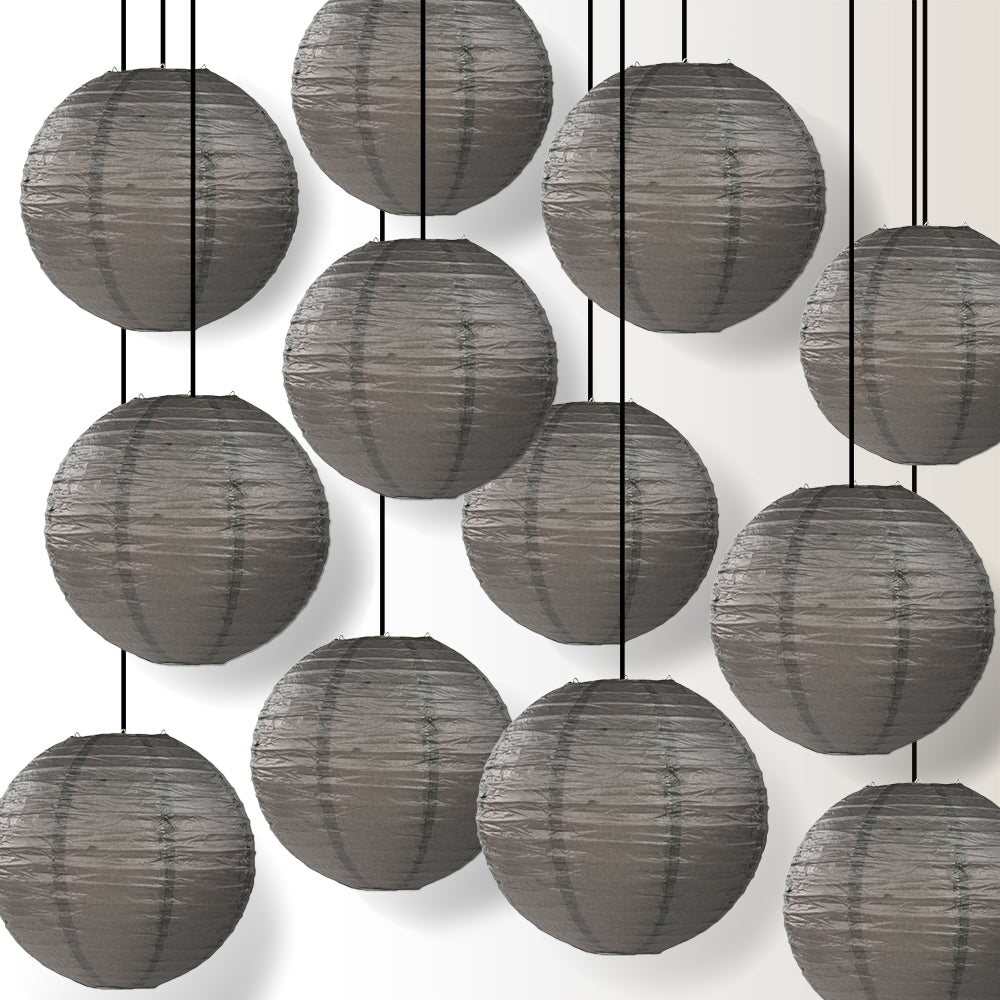 12 PACK | 12&quot; Driftwood Grey Even Ribbing Round Paper Lantern, Hanging Combo Set - PaperLanternStore.com - Paper Lanterns, Decor, Party Lights &amp; More