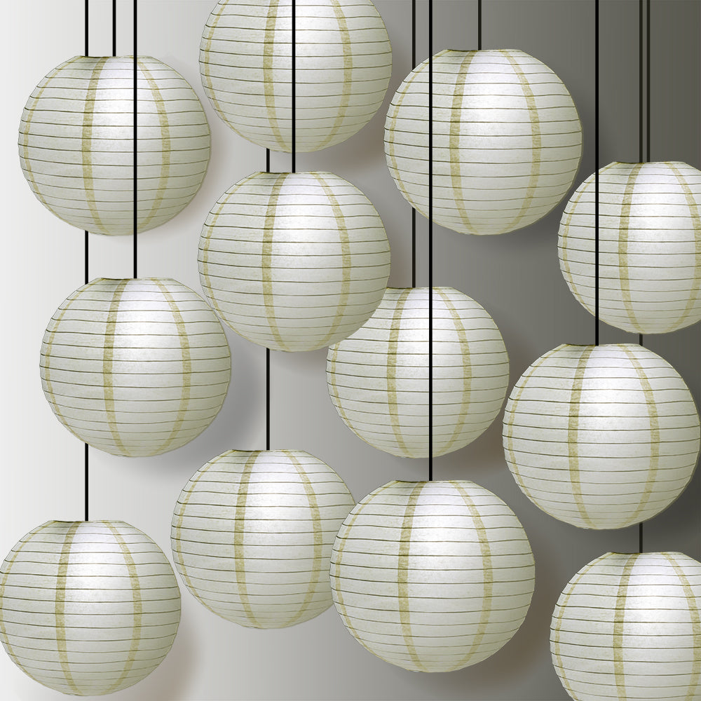 12 PACK | 12&quot; Ivory Even Ribbing Round Paper Lantern, Hanging Combo Set - PaperLanternStore.com - Paper Lanterns, Decor, Party Lights &amp; More