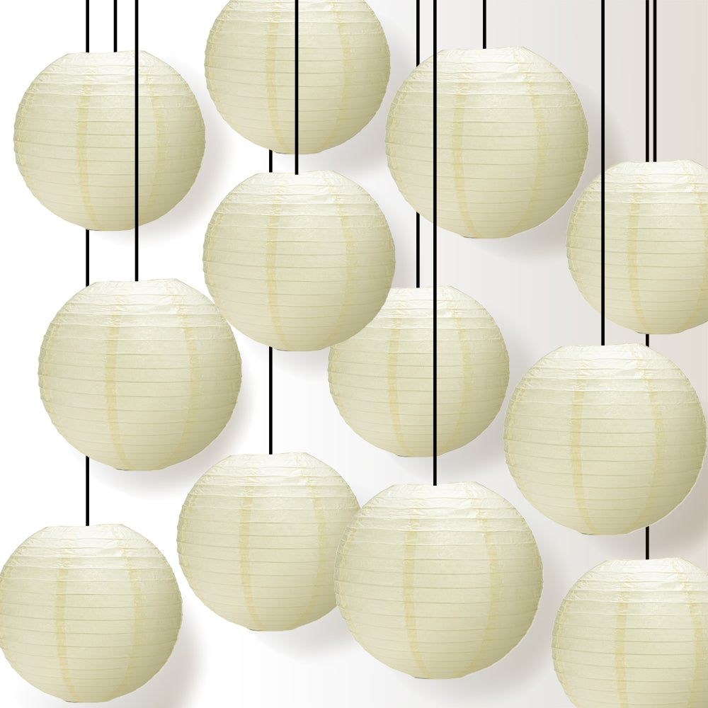 12 PACK | 12&quot; Ivory Even Ribbing Round Paper Lantern, Hanging Combo Set - PaperLanternStore.com - Paper Lanterns, Decor, Party Lights &amp; More