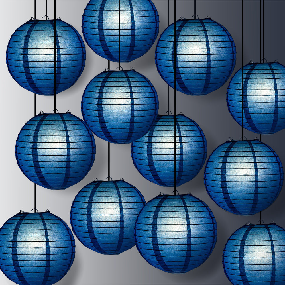 12 PACK | 12&quot; Navy Blue Even Ribbing Round Paper Lantern, Hanging Combo Set - PaperLanternStore.com - Paper Lanterns, Decor, Party Lights &amp; More