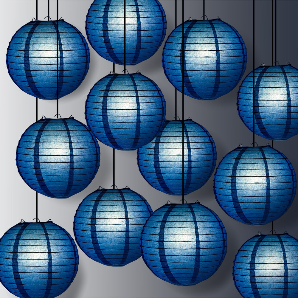 12 PACK | 12" Navy Blue Even Ribbing Round Paper Lantern, Hanging Combo Set - PaperLanternStore.com - Paper Lanterns, Decor, Party Lights & More