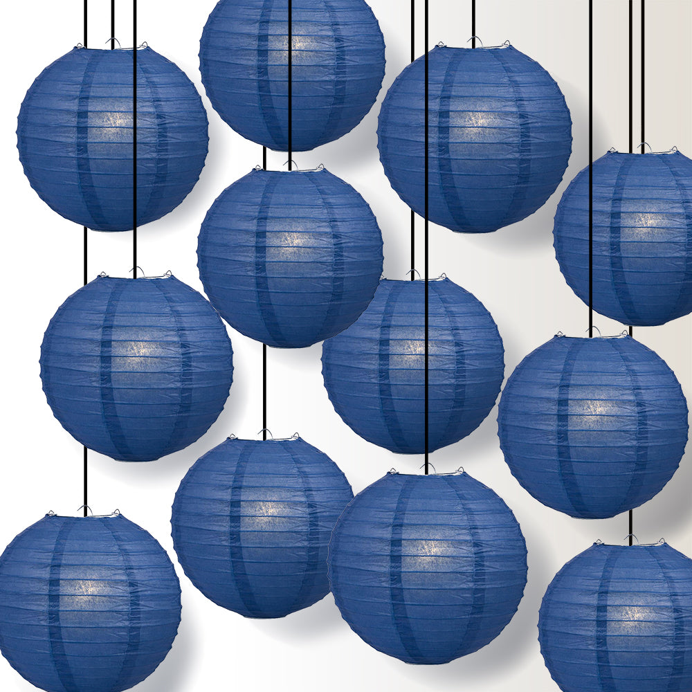12 PACK | 12&quot; Navy Blue Even Ribbing Round Paper Lantern, Hanging Combo Set - PaperLanternStore.com - Paper Lanterns, Decor, Party Lights &amp; More