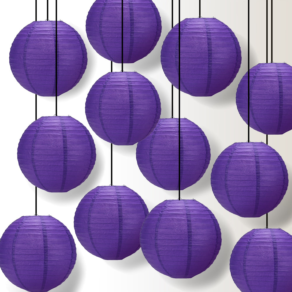 12 PACK | 12&quot; Plum Purple Even Ribbing Round Paper Lantern, Hanging Combo Set - PaperLanternStore.com - Paper Lanterns, Decor, Party Lights &amp; More