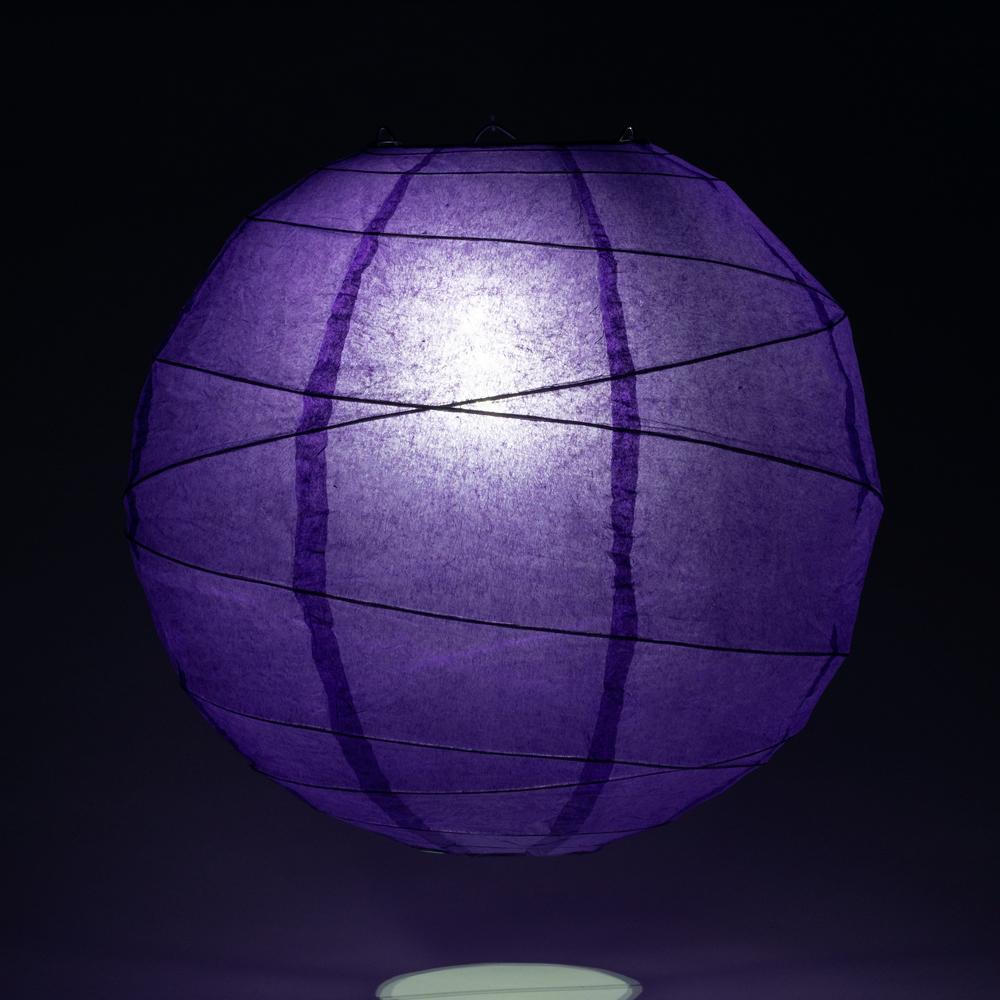 Lit Plum Purple Round Paper Lantern, Crisscross Ribbing, Chinese Hanging Wedding &amp; Party Decoration