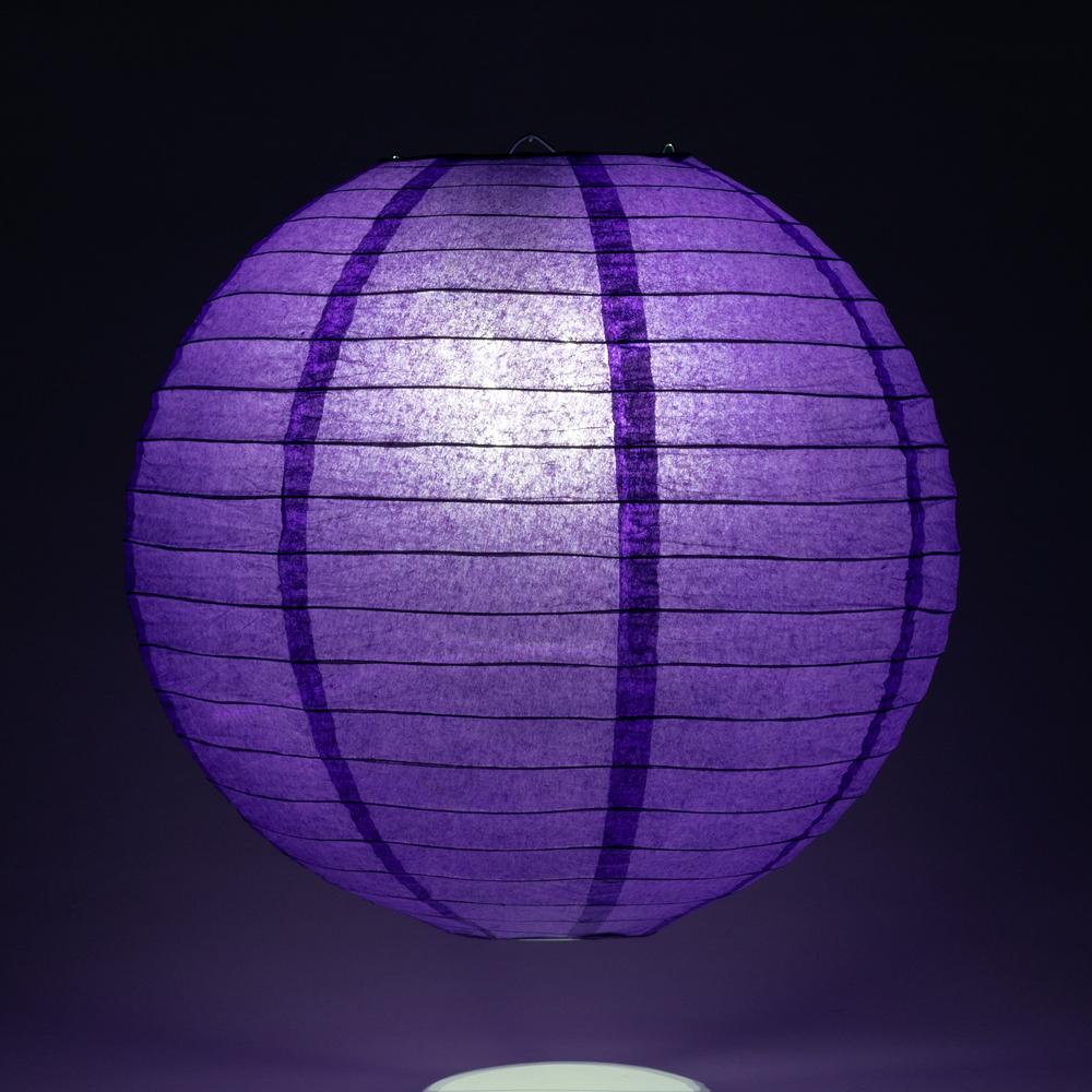Lit Plum Purple Round Paper Lantern, Even Ribbing, Chinese Hanging Wedding &amp; Party Decoration