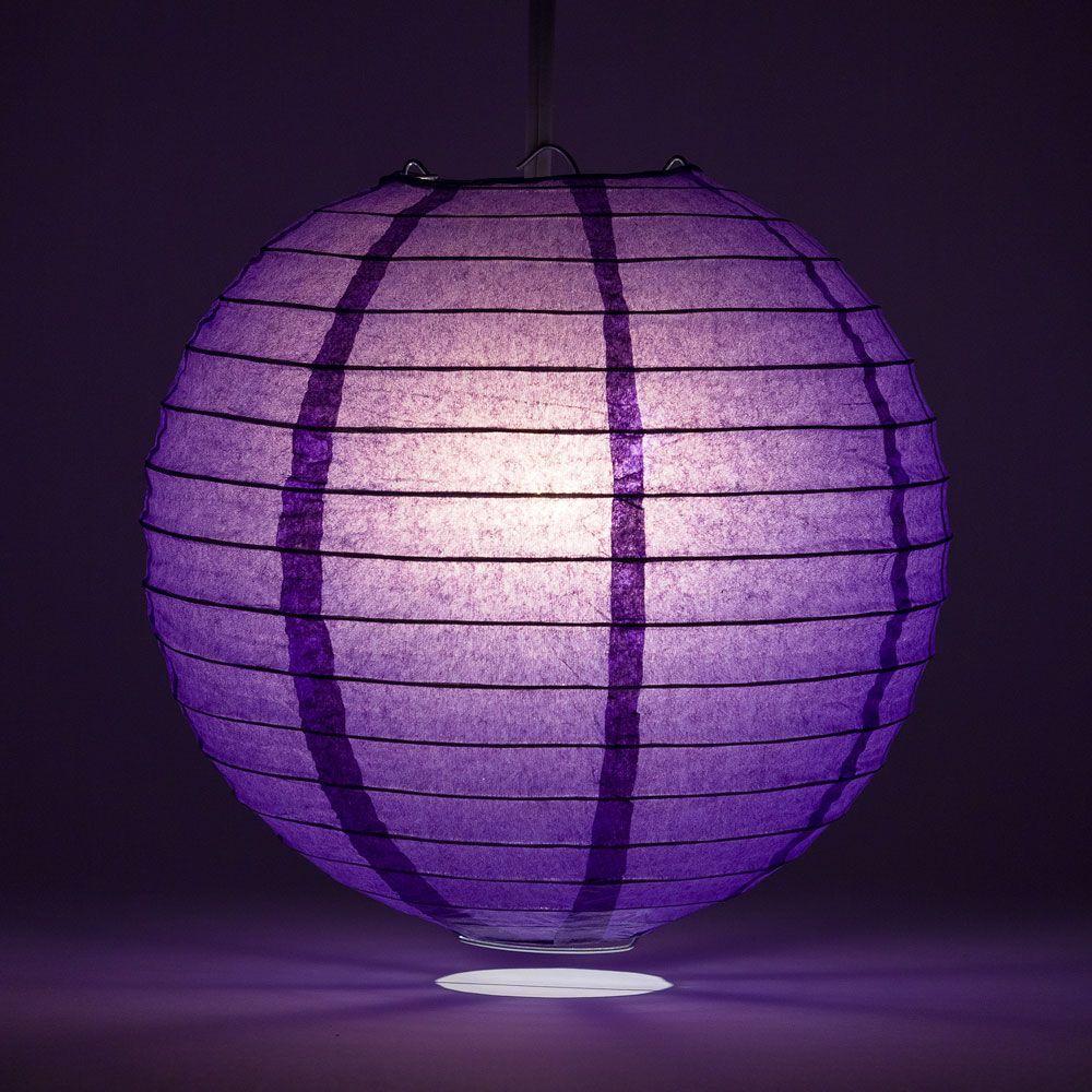 Lit Royal Purple Round Paper Lantern, Even Ribbing, Chinese Hanging Wedding &amp; Party Decoration