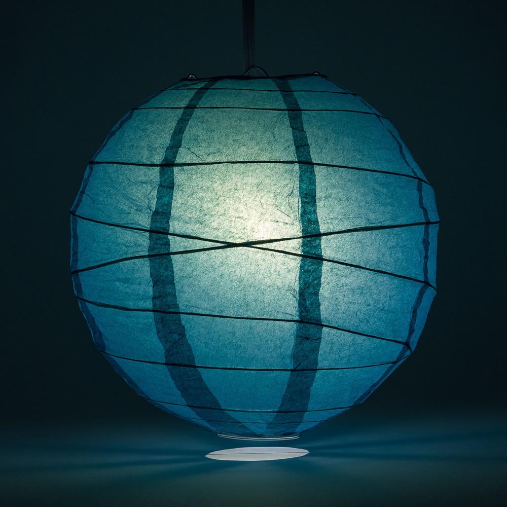 Lit Tahiti Teal Round Paper Lantern, Crisscross Ribbing, Chinese Hanging Wedding &amp; Party Decoration