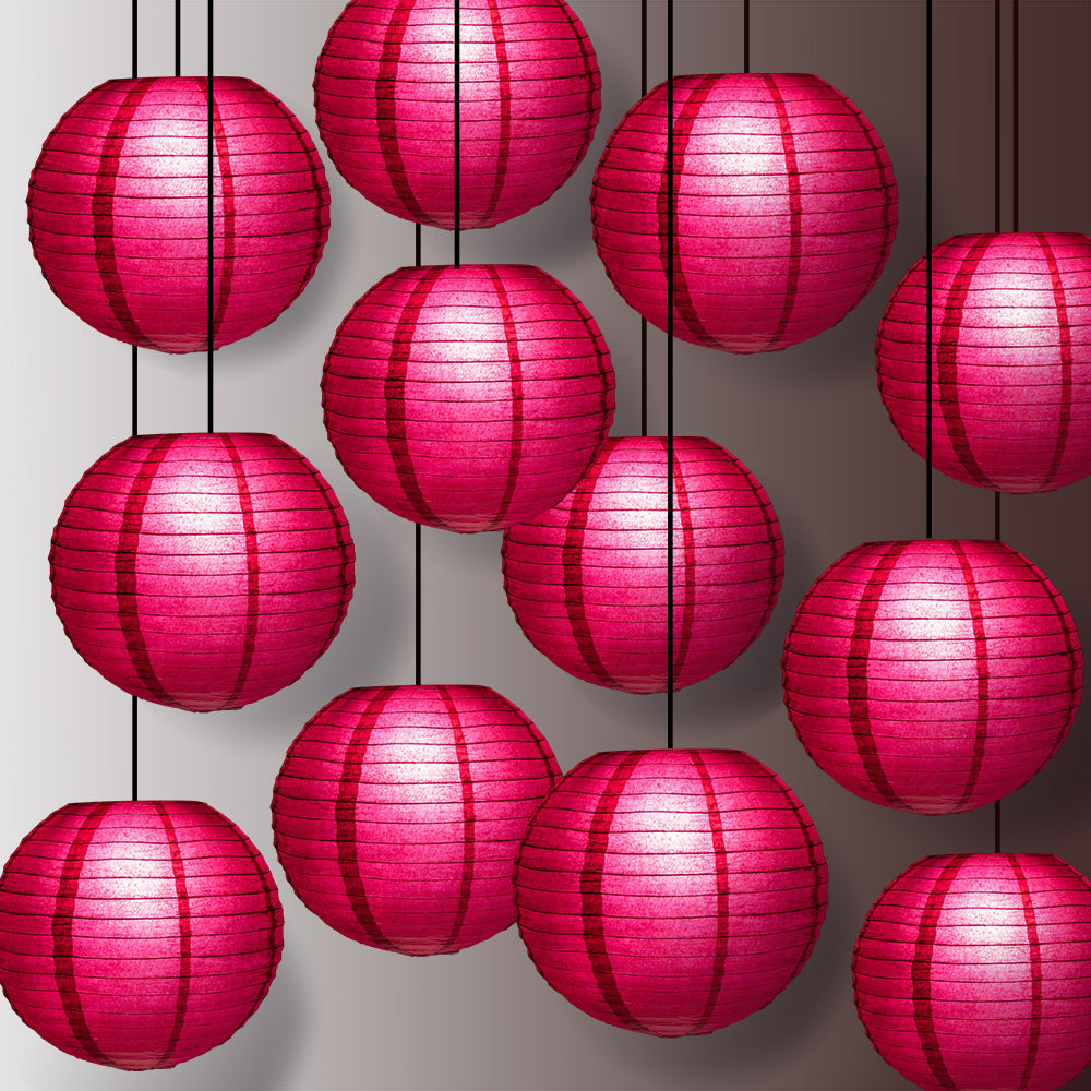 12 PACK | 12" Velvet Red Even Ribbing Round Paper Lantern, Hanging Combo Set - PaperLanternStore.com - Paper Lanterns, Decor, Party Lights & More
