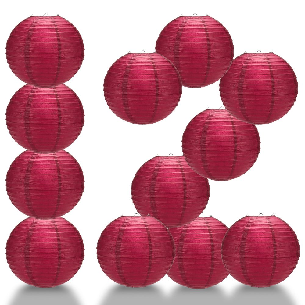 12 PACK | 12" Velvet Red Even Ribbing Round Paper Lantern, Hanging Combo Set - PaperLanternStore.com - Paper Lanterns, Decor, Party Lights & More