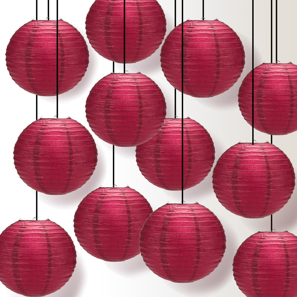 12 PACK | 12&quot; Velvet Red Even Ribbing Round Paper Lantern, Hanging Combo Set - PaperLanternStore.com - Paper Lanterns, Decor, Party Lights &amp; More