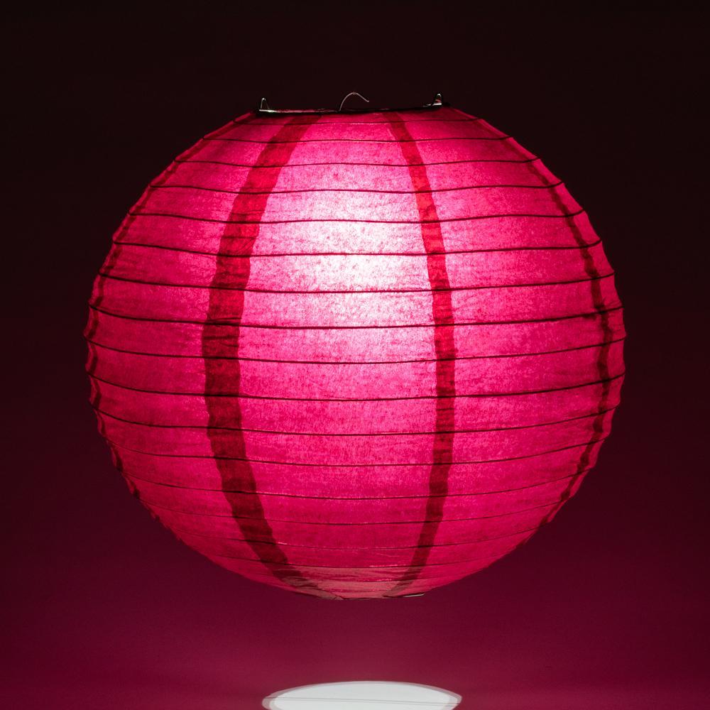 Lit Velvet Rose Red Round Paper Lantern, Even Ribbing, Chinese Hanging Wedding &amp; Party Decoration