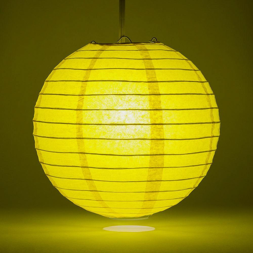 Lit Yellow Round Paper Lantern, Even Ribbing, Chinese Hanging Wedding &amp; Party Decoration