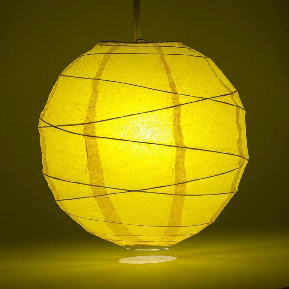 Lit Yellow Round Paper Lantern, Crisscross Ribbing, Hanging Decoration