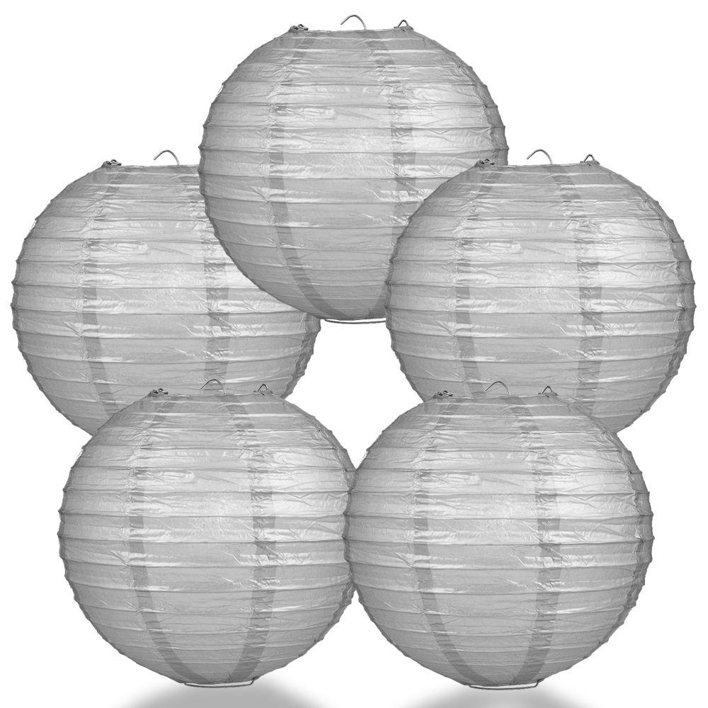 BULK PACK (5) 24&quot; Silver Round Paper Lantern, Even Ribbing, Chinese Hanging Wedding &amp; Party Decoration - PaperLanternStore.com - Paper Lanterns, Decor, Party Lights &amp; More
