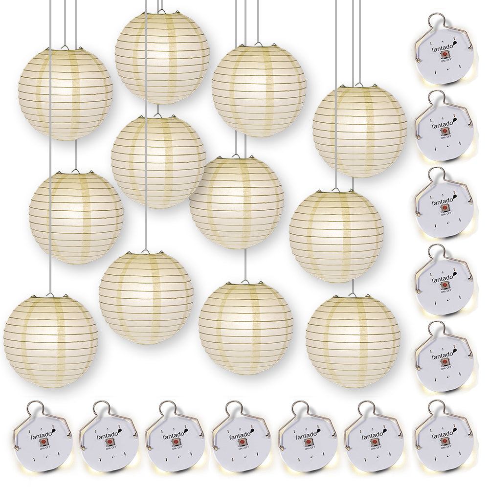 MoonBright 12&quot; Beige Paper Lanterns with Budget Friendly OmniDisk LED Lights (12-PACK Combo Kit) - PaperLanternStore.com - Paper Lanterns, Decor, Party Lights &amp; More