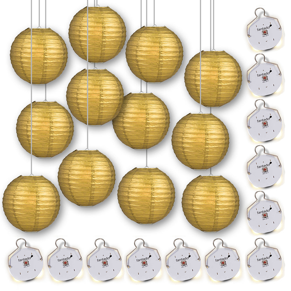 MoonBright 12&quot; Gold Paper Lanterns with Budget Friendly OmniDisk LED Lights (12-PACK Combo Kit) - PaperLanternStore.com - Paper Lanterns, Decor, Party Lights &amp; More