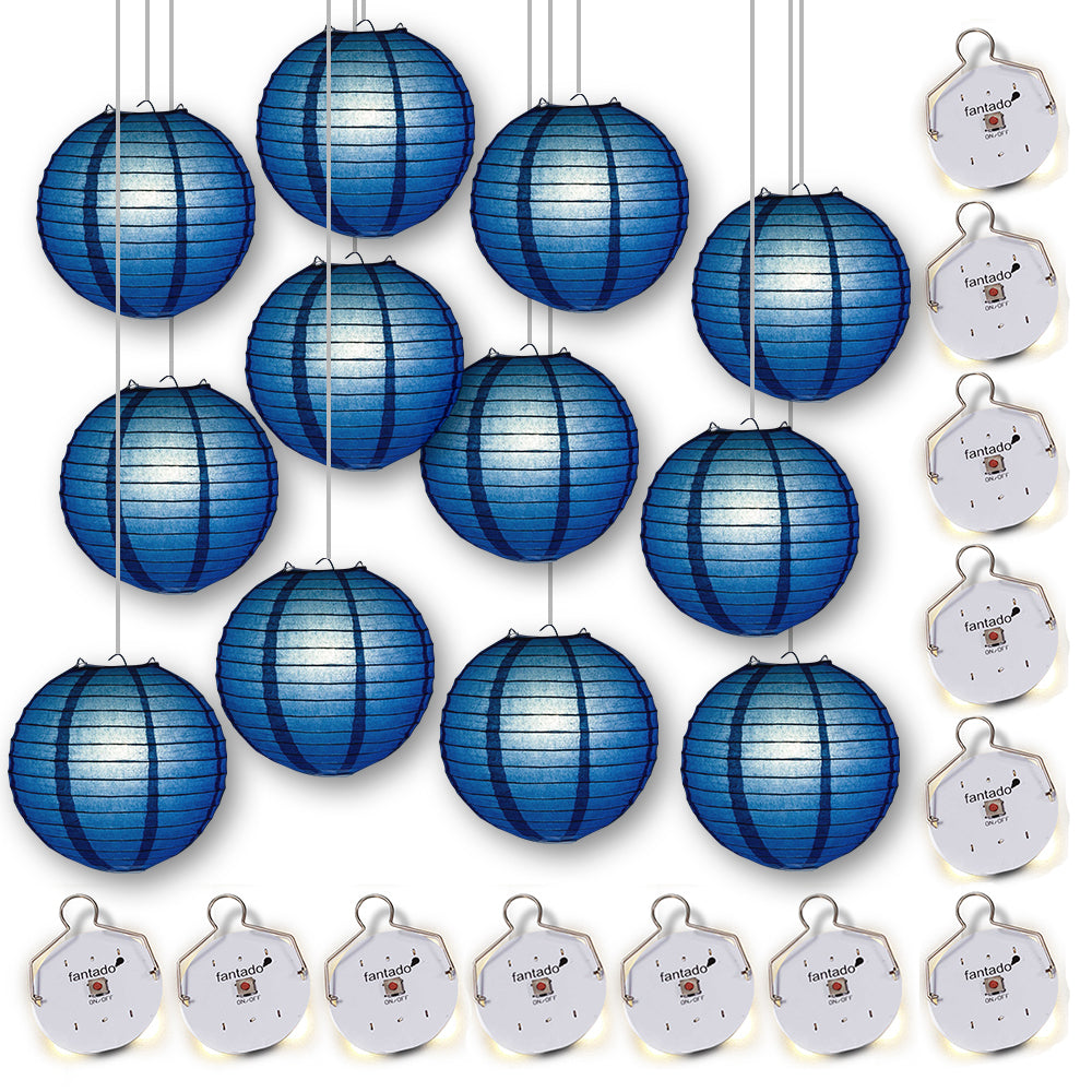 MoonBright 12&quot; Navy Blue Paper Lanterns with Budget Friendly OmniDisk LED Lights (12-PACK Combo Kit) - PaperLanternStore.com - Paper Lanterns, Decor, Party Lights &amp; More