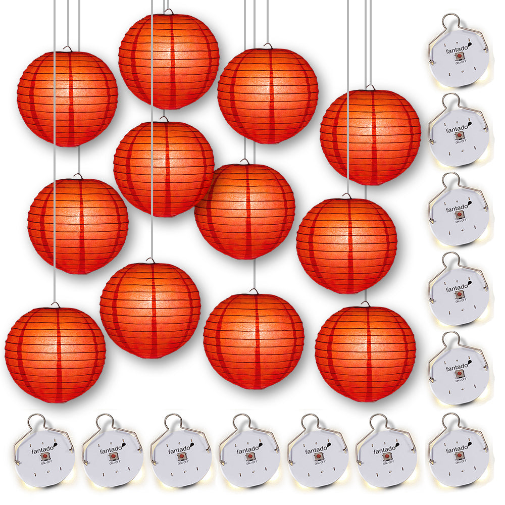 MoonBright 12&quot; Red Paper Lanterns with Budget Friendly OmniDisk LED Lights (12-PACK Combo Kit) - PaperLanternStore.com - Paper Lanterns, Decor, Party Lights &amp; More
