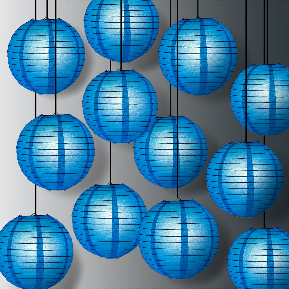 12 PACK | 12&quot; Turquoise Blue Even Ribbing Round Paper Lantern, Hanging Combo Set - PaperLanternStore.com - Paper Lanterns, Decor, Party Lights &amp; More